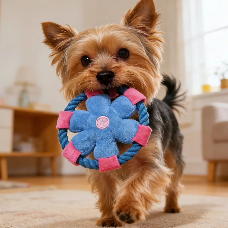 Juguete de frisbee de cuerda de algodón con diseño de flor de dibujos animados, resistente a mordidas, chirriante, moláar, interactivo para mascotas, para todas las razas de perros, juguete para perros al por mayor