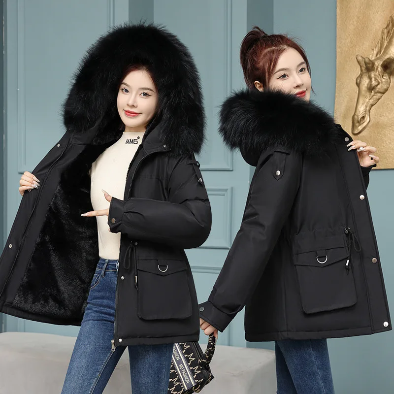 2024 New Winter Fashion Hooded Big Fur Collar Padded Parkas Down Cotton Warm Coat Waterproof Windbreaker Jacket