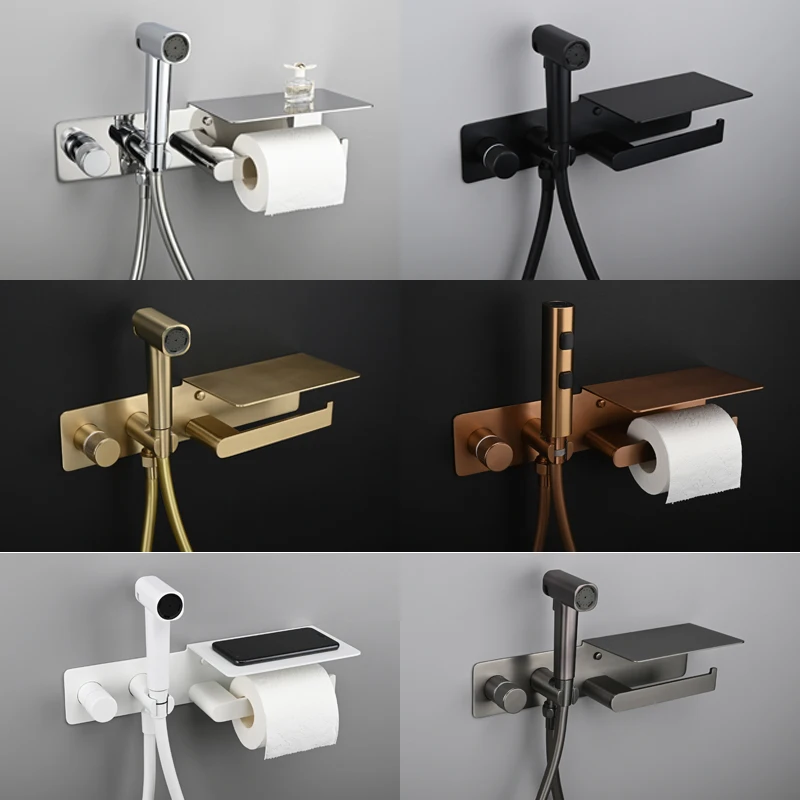 Brushed Rose Gold Bidet Sprayer Concealed Button Brass Valve with Commodity Shelf Paper Holder Plastic Sprayer PVC Hose Grey