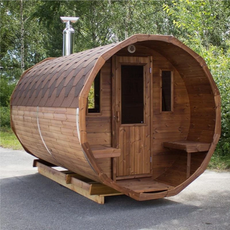

Outdoor traditional panoramic barrel type 4-6 person red cedar steam sauna with backrest