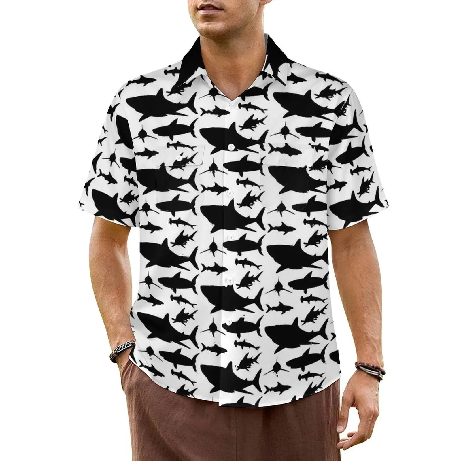 

Shark Silhouette Vacation Shirt Funny Animal Hawaii Casual Shirts Male Novelty Blouses Short-Sleeved Breathable Pattern Clothes