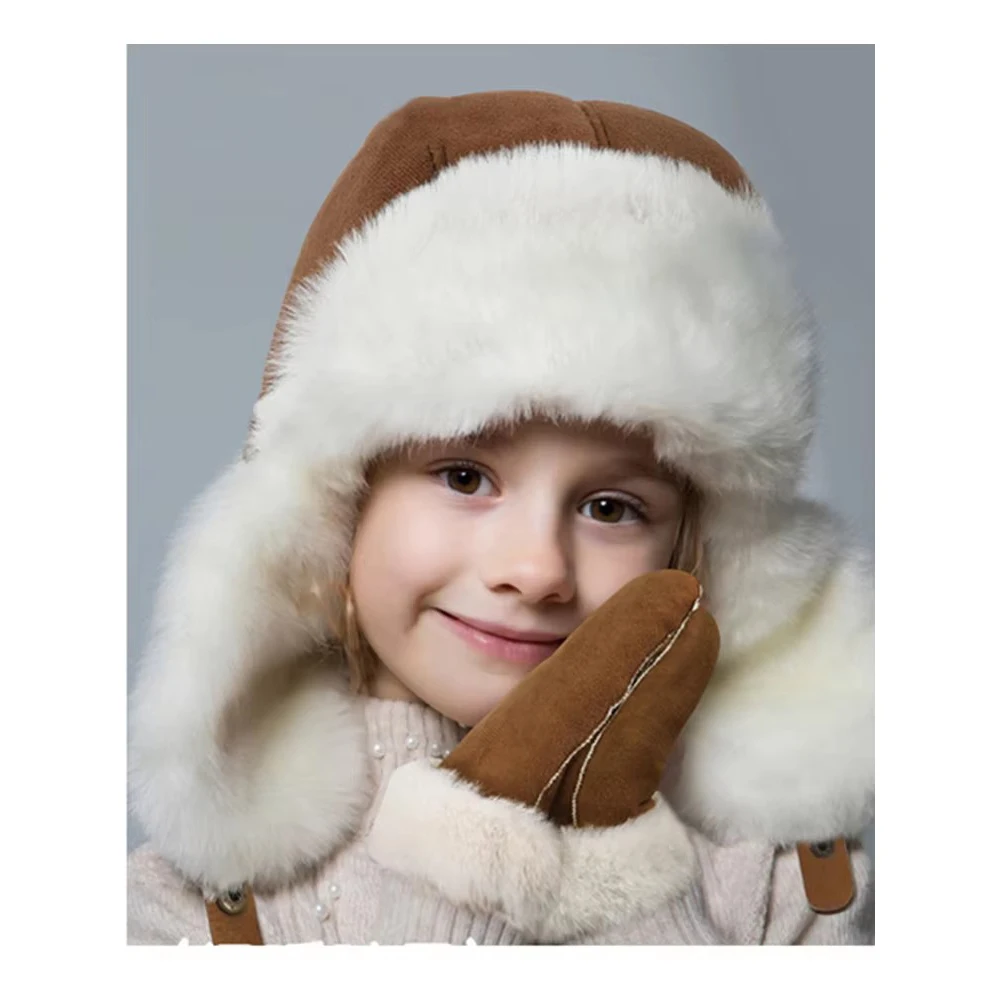 Children Winter Earflaped Cap Thickened Faux Rabbit Fur Fluffy Bomber Hats Gloves for Girl Boy 2-8Y Kids Russian Hat Ushanka