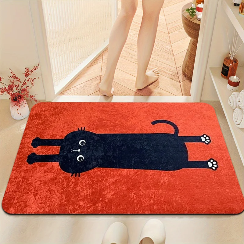 [Fun Pet Doormat] Fun Pet Style 1pc Red Background Black Cat Patterned Doormat - Non-Slip, Machine Washable Large Door Mat, Pl