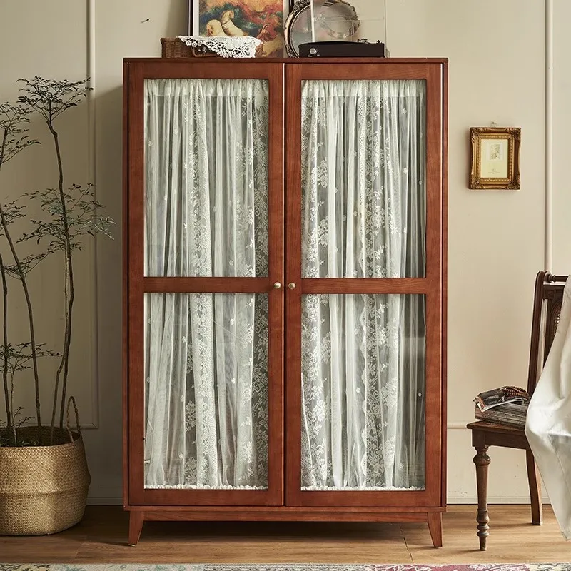 Solid wood wardrobe household small apartment double door with drawers wardrobe bedroom large capacity clothes locker