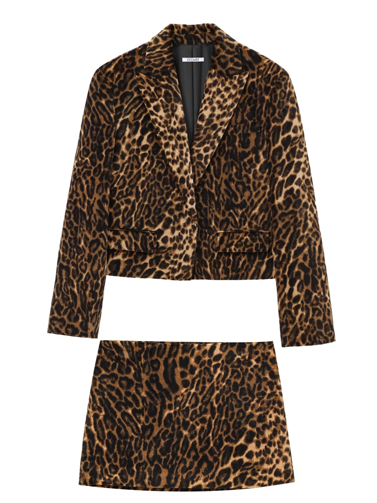 KAOPU ZA Women animal print velvet oversize crop blazer or high-waist side zip mini skirt two pieces sets mujer