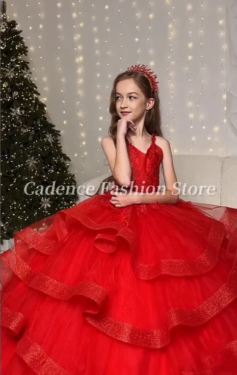 Customized  Gorgeous Red Flower Girl Dresses Princess Dresses Tulle Cascading Ruffle Wedding Birthday Party Dresses