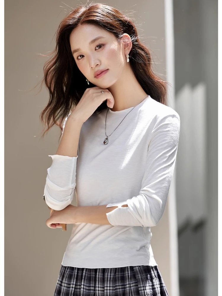 VIMLY Women's Long Sleeve White T-shirts Casual Ruched Crew Neck Ladies Tops Autumn 2025 New Knitted Slim Fit Female Tees A2389