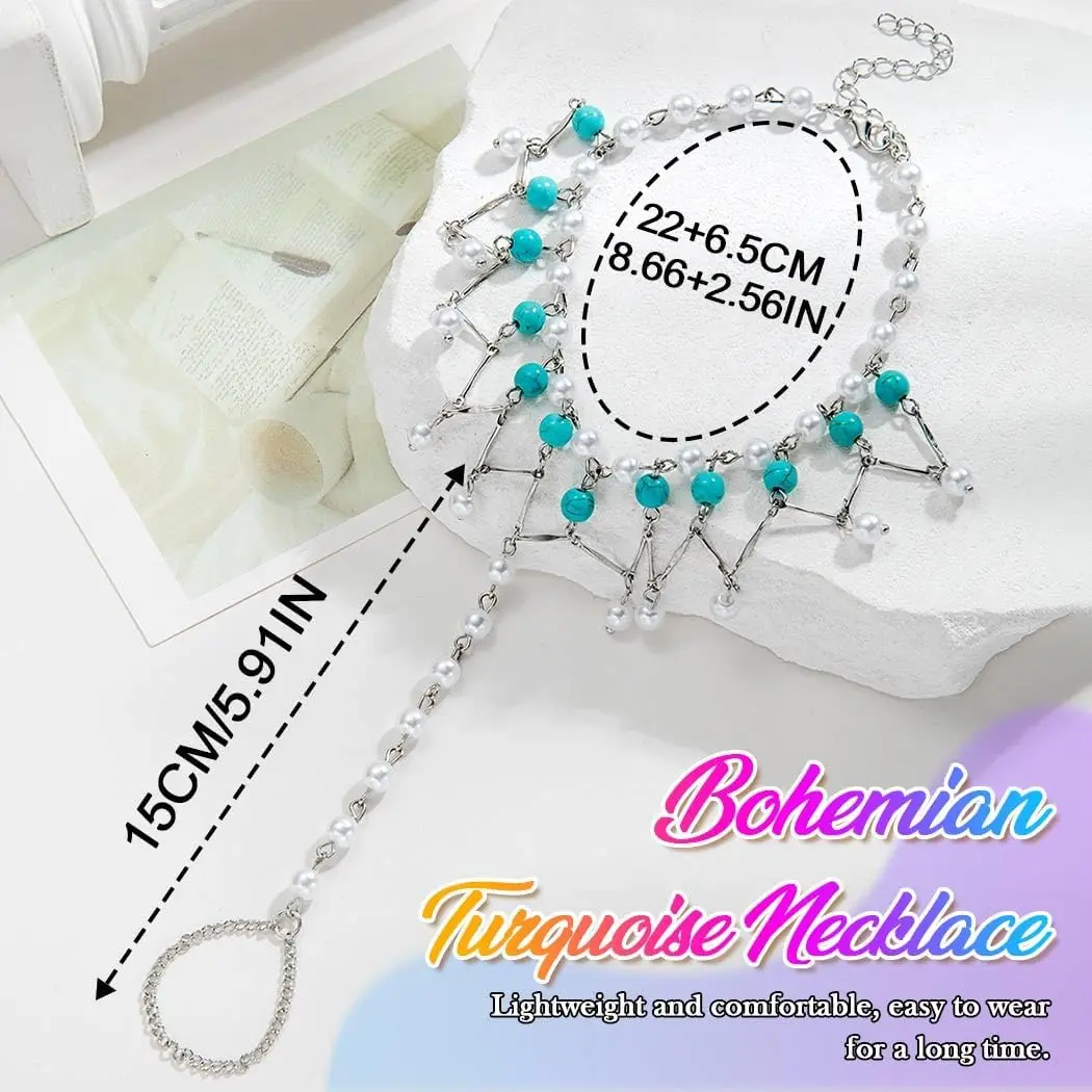 Boho Turquoise and Pearl Barefoot Sandal Anklet Silver Toe Ankle Bracelet Beach Foot Accessories for Women view 3