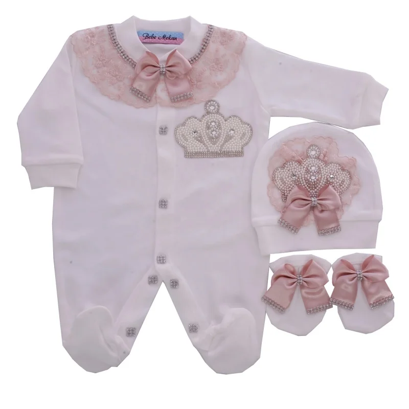 

Luxury Baby Princess Romper 0-9 Months 3Pcs White Pink Silver Satin Bow Crystal Pearl Crown Lace Collar Footed Jumpsuit Boutique