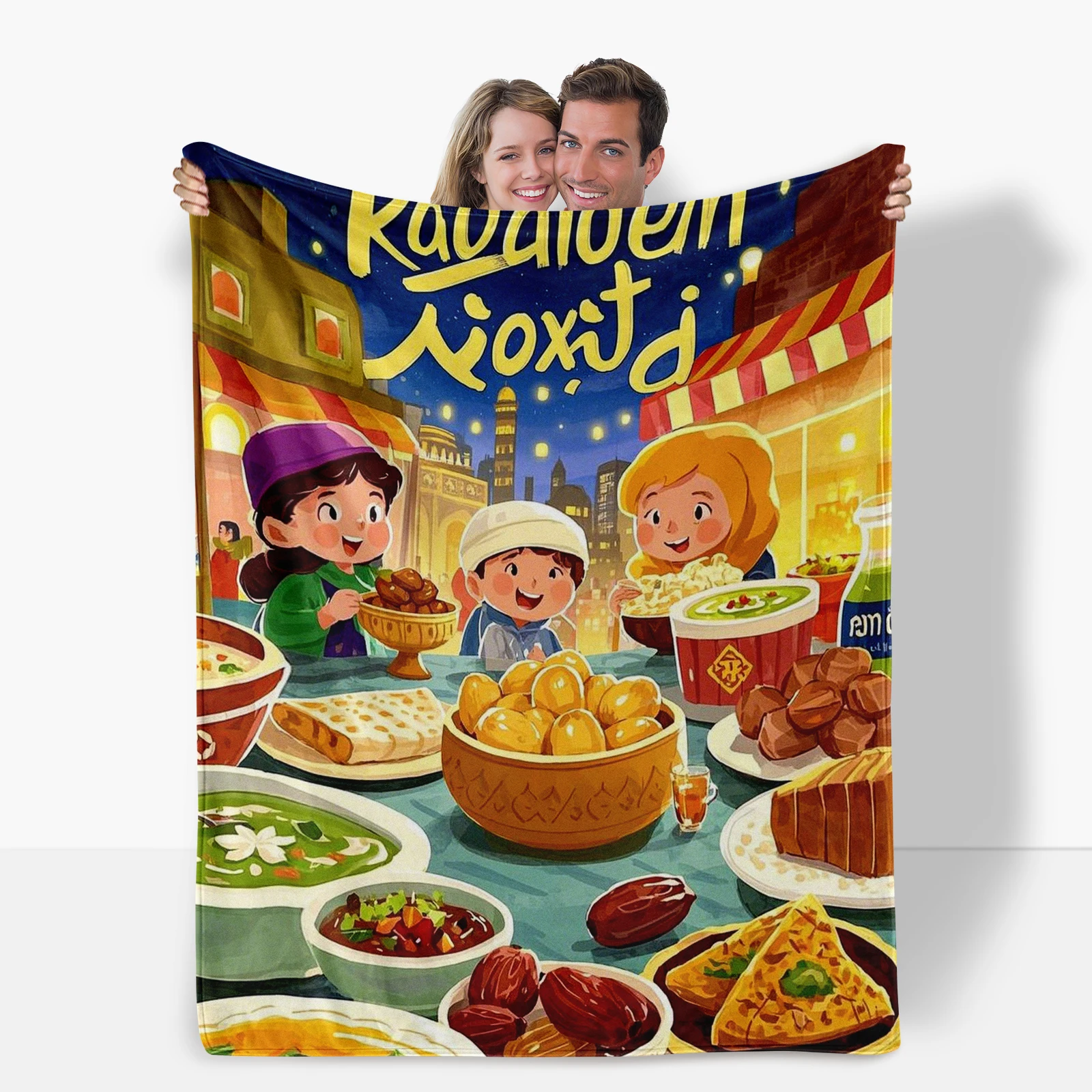 Special Gift Blanket Depicting Cartoon Roles Enjoying Mid East Ramadan Festival Family Gatherings And Traditional Foods