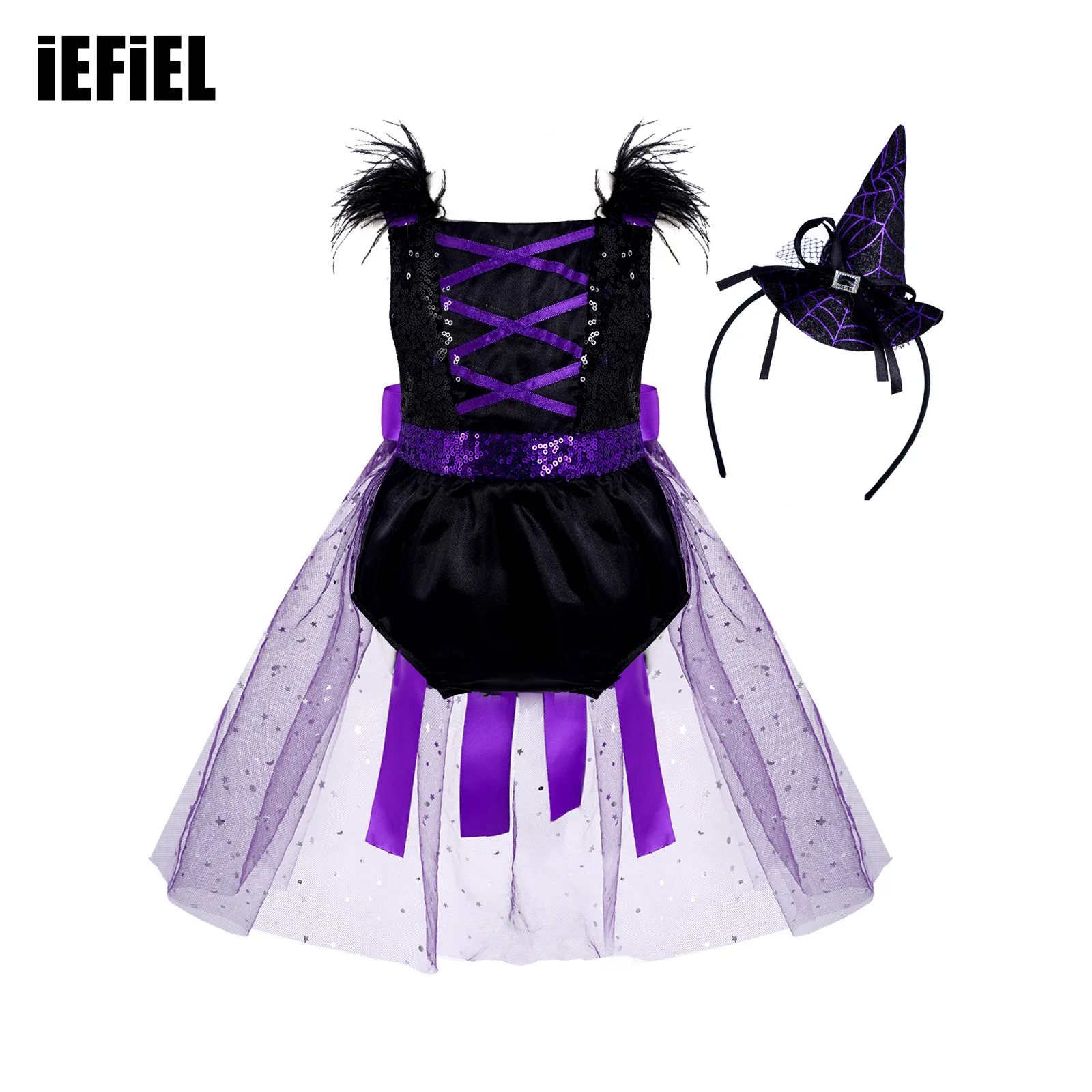 

Baby Girls Witch Sequin Mesh Adorned Romper Adjustable Faux Feathers Shoulder Straps with Hair Hoop for Halloween Cosplay