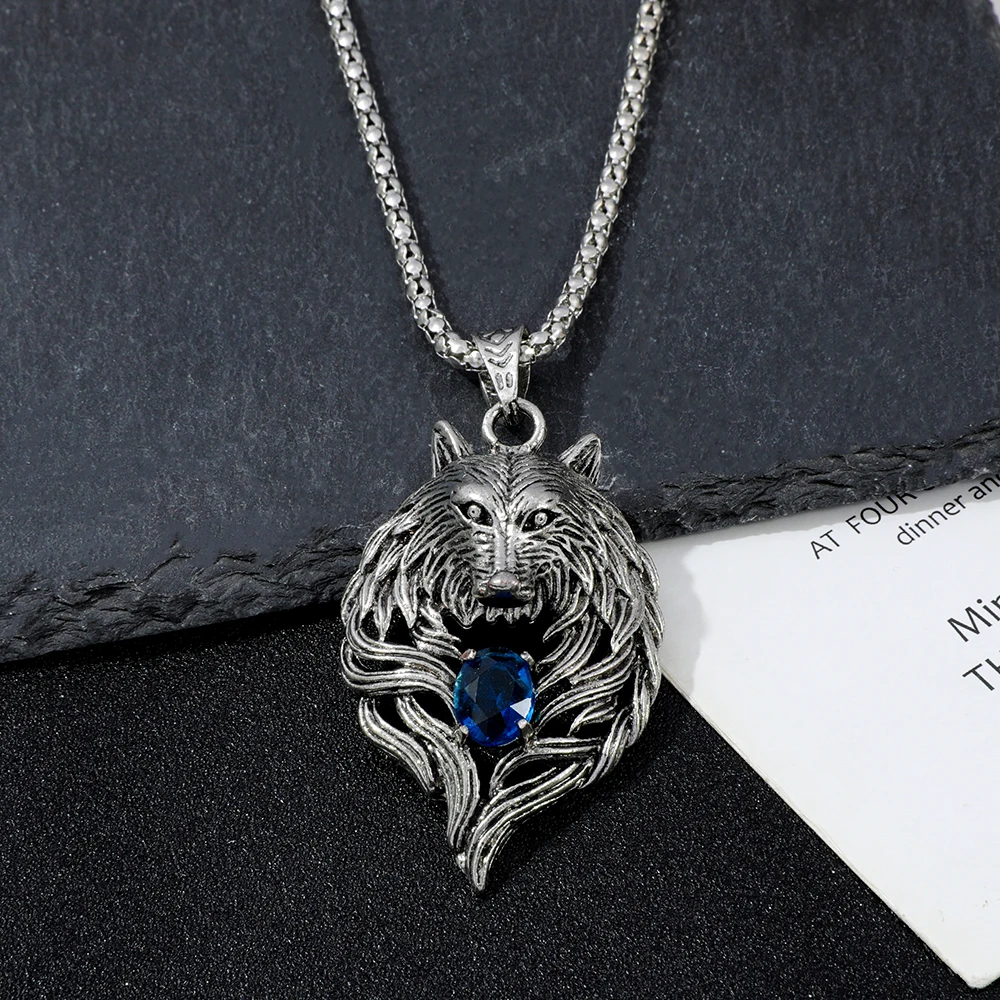 قلادة رأس الأسد باللون الفضي مع لهجات الزركون الأزرق، إكسسوار رائع إبداعي للنساء والرجال، هدية عصرية