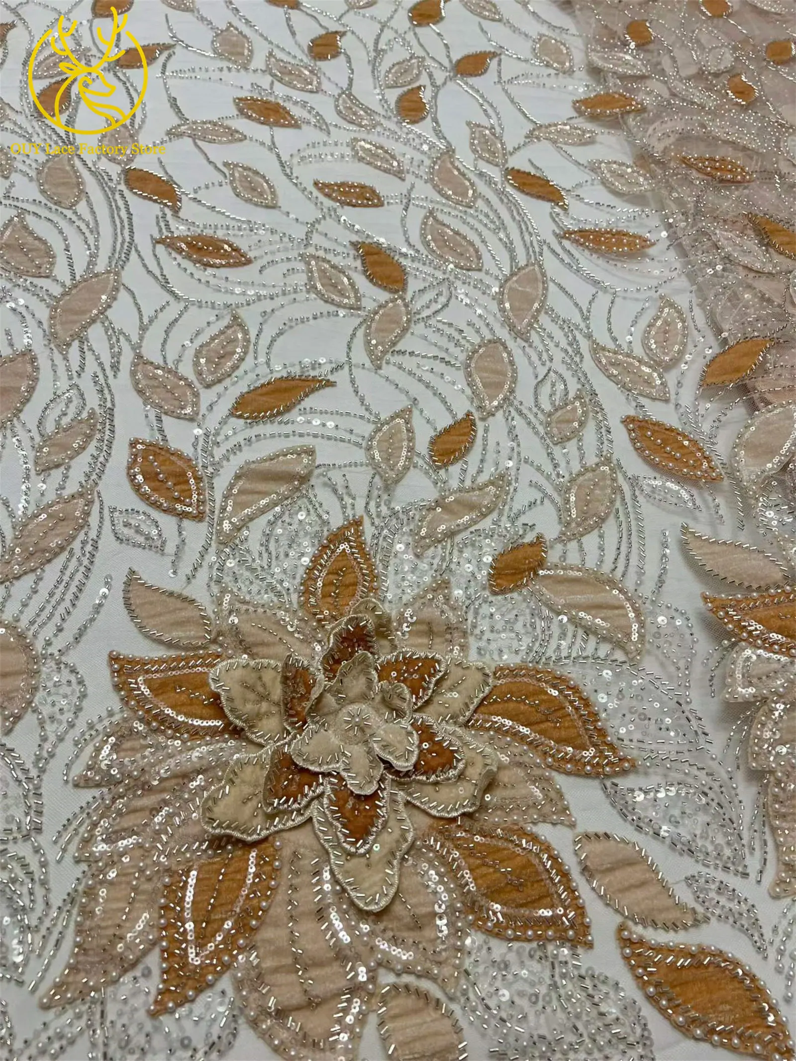 3D-Blumen handgefertigter Perlen-Spitzenstoff, afrikanischer Spitzenstoff, exquisiter nigerianischer Pailletten-Tüll-Spitzenstoff für Hochzeitskleider zum Nähen – Detail 12