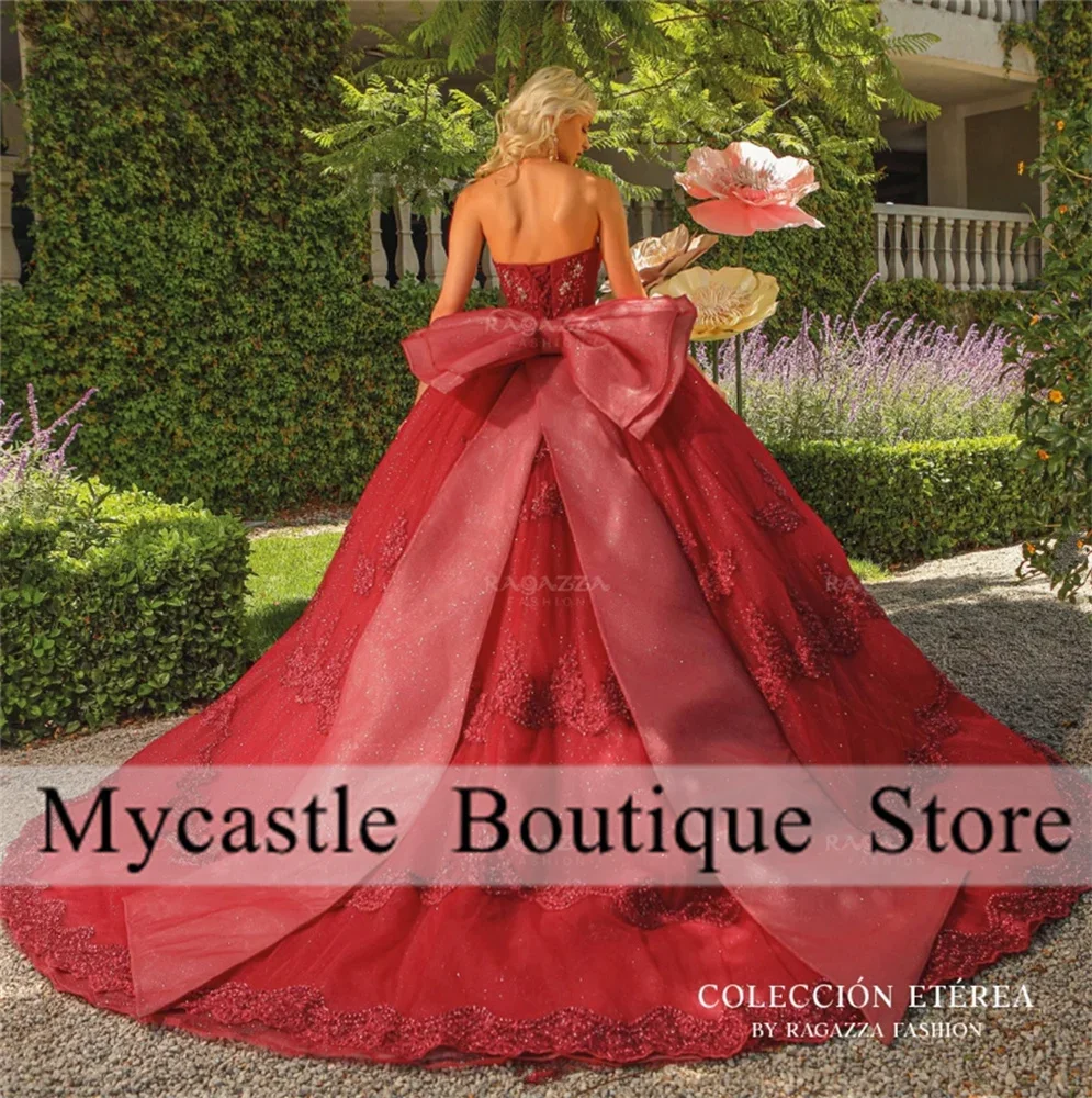 فساتين Quinceanera مزينة باللون الأحمر حسب الطلب فستان حفلة 2025 بفيونكة كريستال حلوة 15 فستان عيد ميلاد بأربطة فيستدوس دي XV