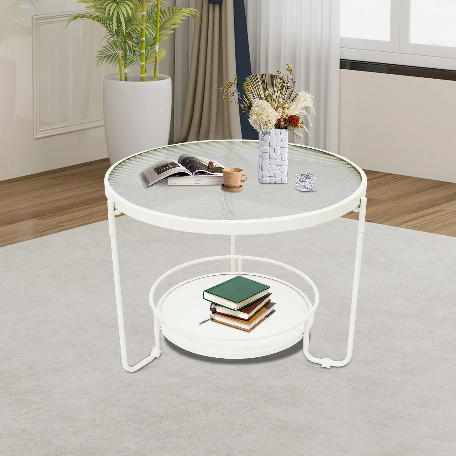 Café TablesModern 2 Tier Round Glass Side Table with White Frame for Living Room Bedroom Sofa