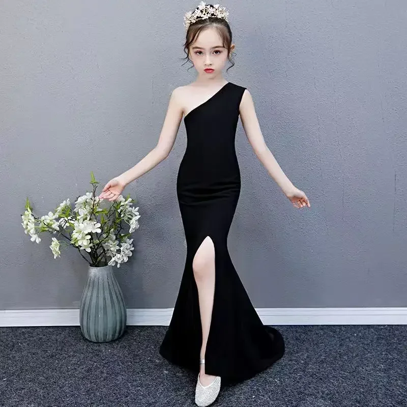 Flower Girl Dresses For Weddings Kids Black One Shoulder Sexy Side Slit Girls Party Dress 3 To 15 Years Communion Dress Girl