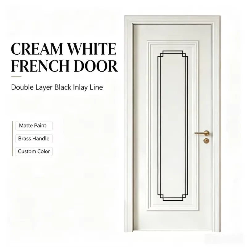 French Retro Cream White Interior Door with Black Metal Rectangular Inlay and Custom Brass Handle for Home Homestay