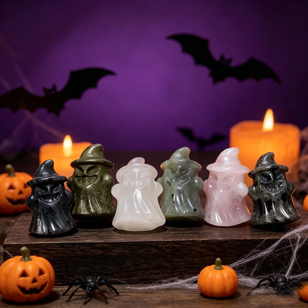 Halloween Ghost Wizard Statue Natural Rose Quartz Pyrite Labradorite Polished Crystal Healing Decor Gift