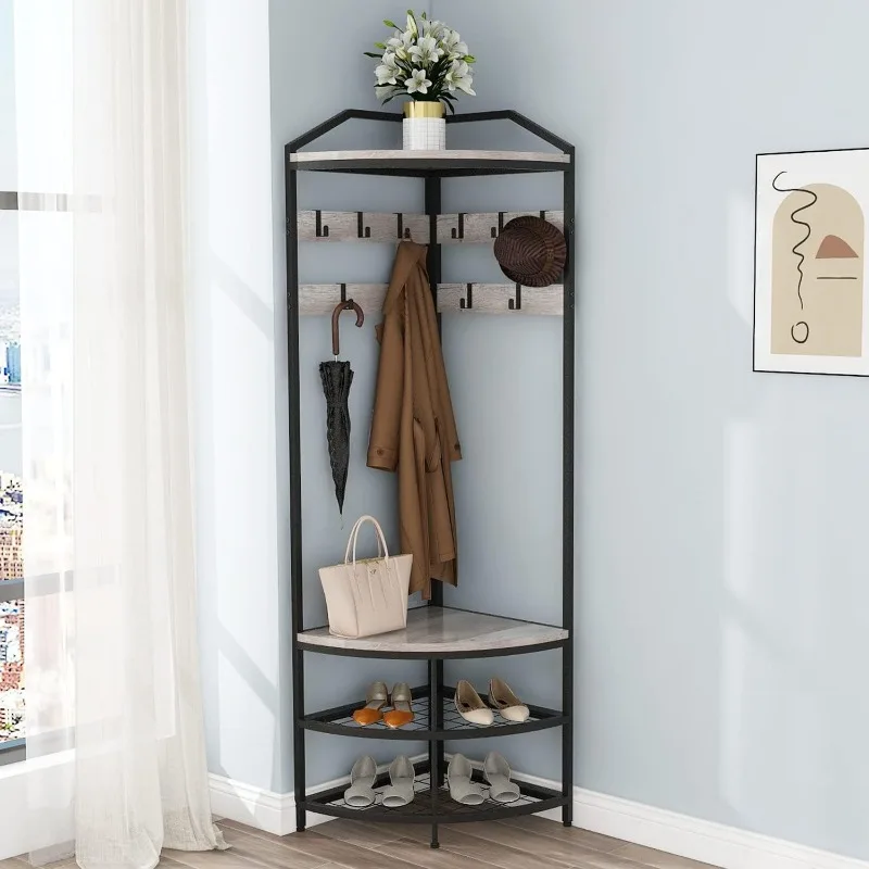 Grey Corner Hall Tree with Shoe Bench Entryway Coat Rack with 10 Metal Movable Hooks Rustic Farmhouse Floorstanding Clothes