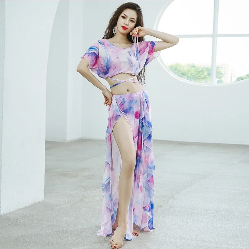 

Комплект для танца живота, хит продаж, женский командный топ, сексуальная юбка с разрезом, комплект из 2 предметов, одежда для индийской танцовщицы, шоу, сценическая одежда