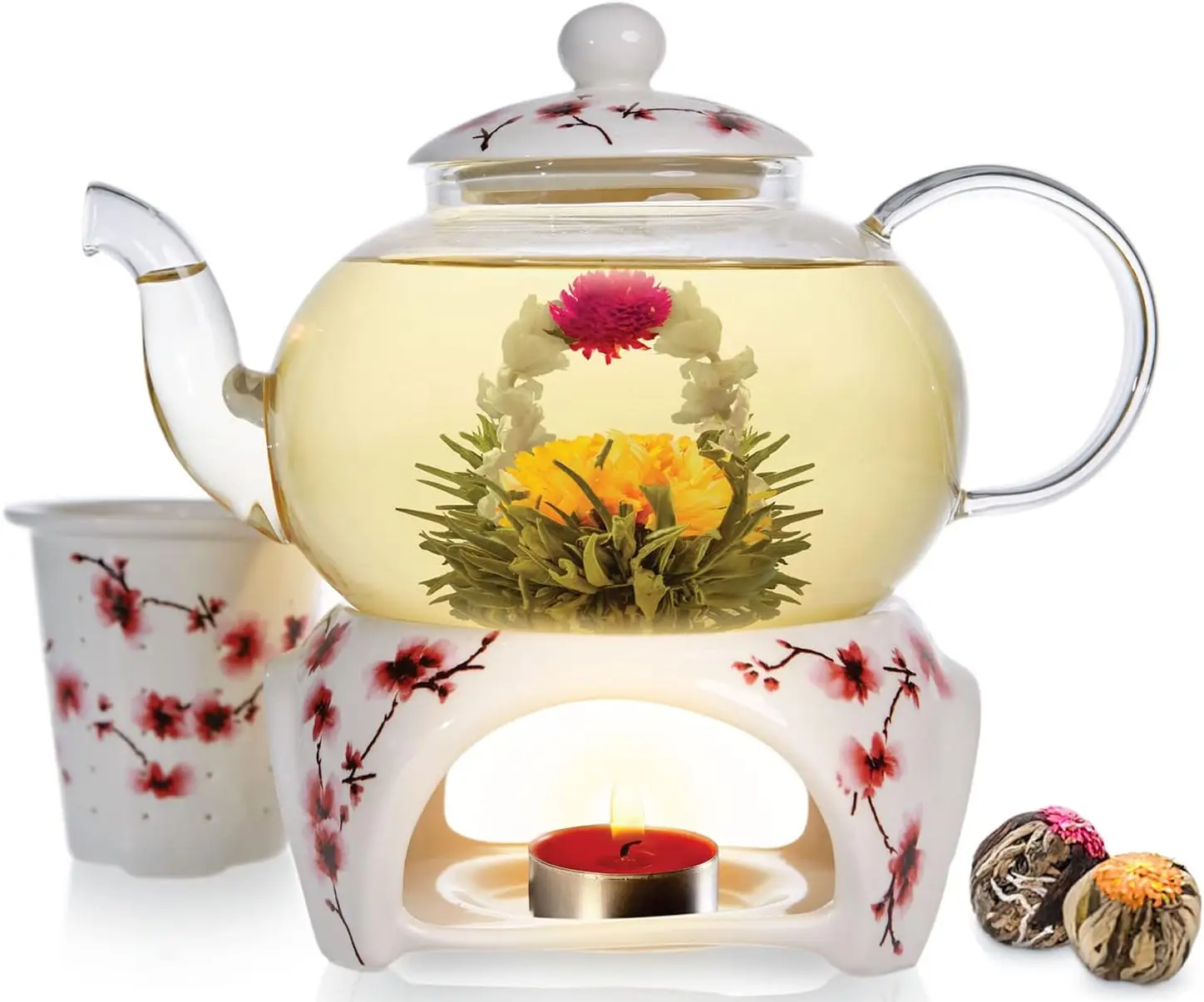 

Cherry Blossom Glass Teapot Set with Flowering Tea, Porcelain Lid, Infuser, Warmer & Candle - 27 OZ