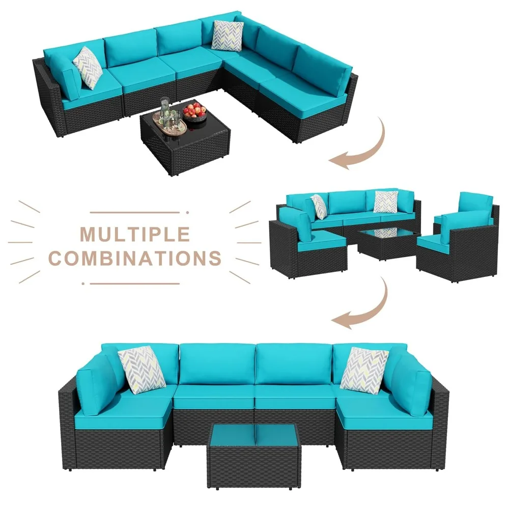 

7-Piece Outdoor Patio Furniture Set, Modular PE Rattan Sectional Sofa with Thick Cushions & Glass Coffee Table, Customized