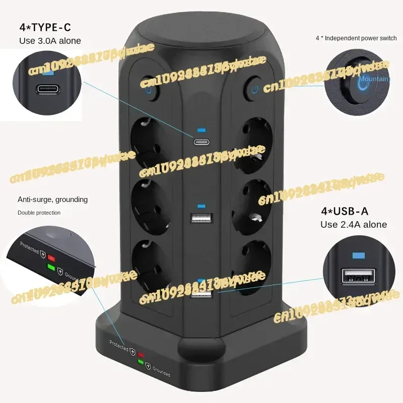 Multifunctional Power Plug EU Three-layer Tower Socket with 2 TYPE-C 2m Extension Cable Tower USB Socket Home Office Sub-control