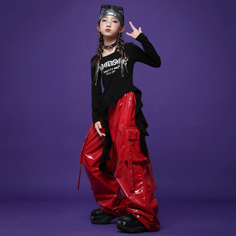 Hip Hop Cool Girls Manica lunga Top Streetwear Pantaloni in pelle brillante K-pop Abbigliamento da ballo di strada Costume da spettacolo teatrale di gruppo