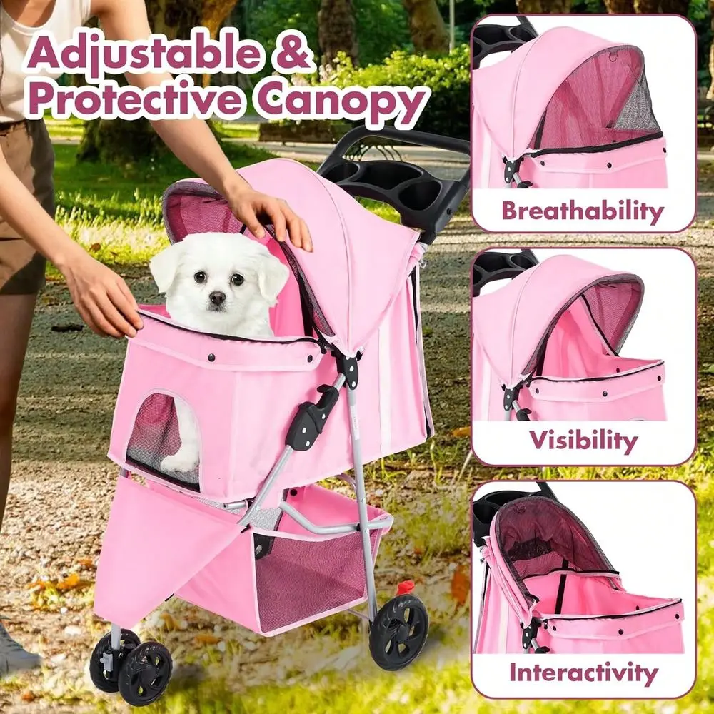 

3 Wheels Pet Stroller, Cats And Dog Strollers With Storage Basket And Cup Holder, Breathable Mesh, Lightweight Travel Carrier,