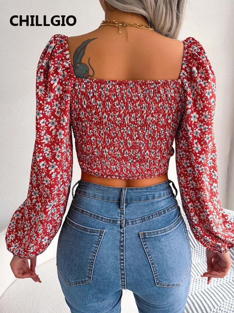 Chilligio-blusa de gasa con estampado Floral para mujer, camisa de manga larga con cuello cuadrado, estilo Vintage francés, primavera y otoño