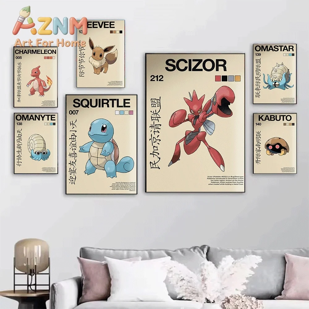 2D Flat Posters & Prints,Treecko Vintage Retro Canvas Wall Art,2D Flat Frameless Anime Monster Print,Home Decor for Kids Bedro