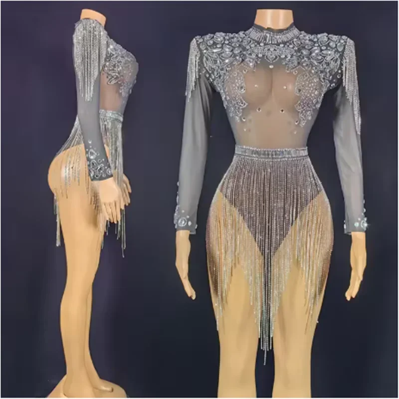 

Sexy Fringe Rhinestone Bodysuit Nightclub Gogo Dancer Clothing Exotic Performance Costumes Dancehall Queen Rave Outfit yj300