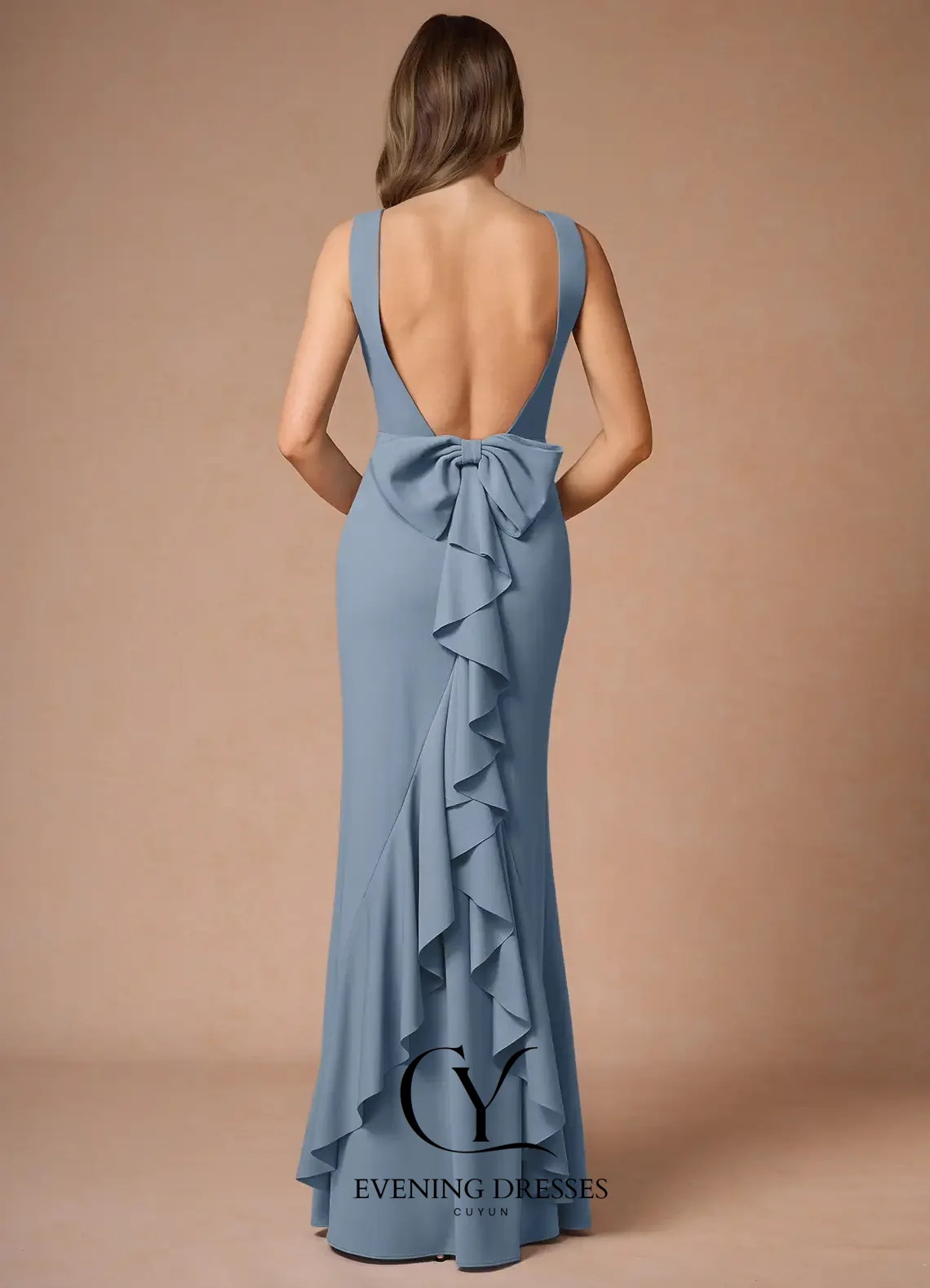 CUYUN Vestidos de noche con volantes y espalda descubierta, vestido largo para mujer, vestido de fiesta sin mangas de sirena personalizado para ocasiones especiales