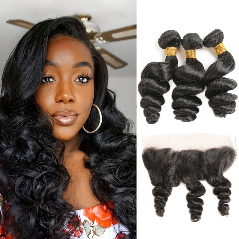 Natural Color Hair Bundles With Closure Loose Wave Hair Bundles With Frontal Human Hair Weave Bundles Brazilian Remy Hair 3 PCS