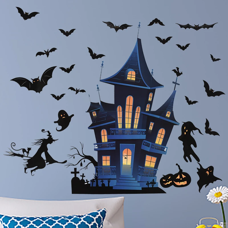 

4PCS Halloween Window Sticker Ghost Bat Haunted House Stickers Bar Home Decor DIY Window Wall Decals Halloween Party Decoration