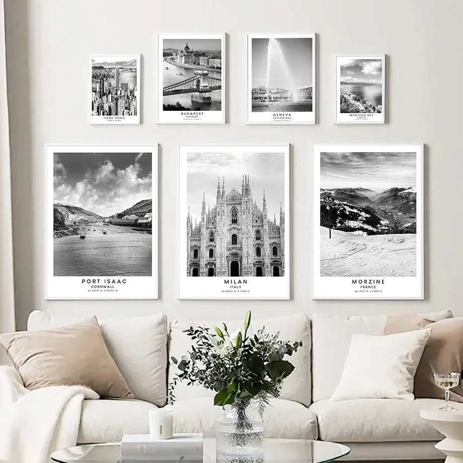 Hong Kong Montego Bay Budapest Black And White Architecture Fashion Poster Canvas Painting Nordic Wall Art Home Room Decor