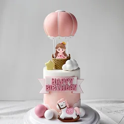 Princess Cake Topper Girl Princess Stands in a Hot Air Balloon Wooden Horse Cake Decorations for Kids Happy Birthday Party Decor
