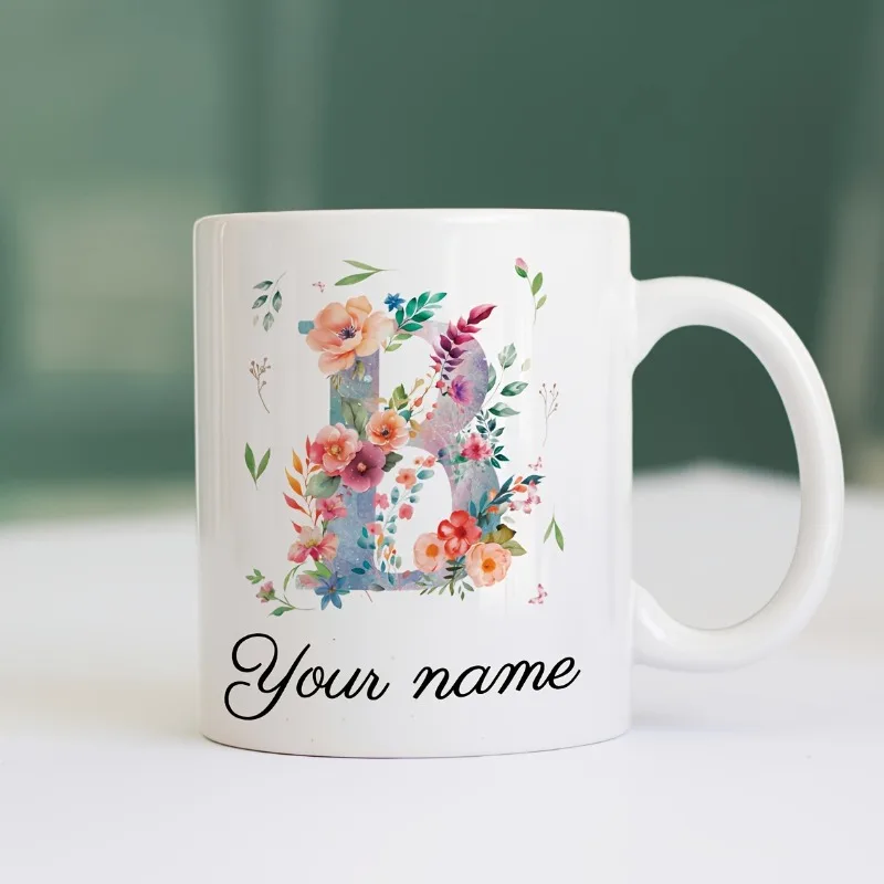 Custom Name/Text Floral Initial Mug Watercolor Monogram Letter White Ceramic Tea Cup Wedding Present Gift Birthday Gifts