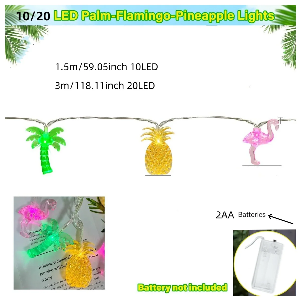 1PC 10/20 LED Flamingo Pineapple Palm Tree String Lights Battery Operated Tropical Beach Hawaiian Fairy Atmosphere Lights image 4