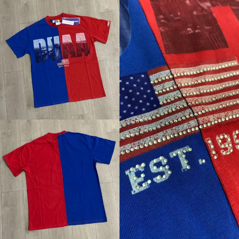 New DUAA Unisex Short Sleeve T‑Shirt Red Blue Split Color Liberty Statue Print Loose Street Top