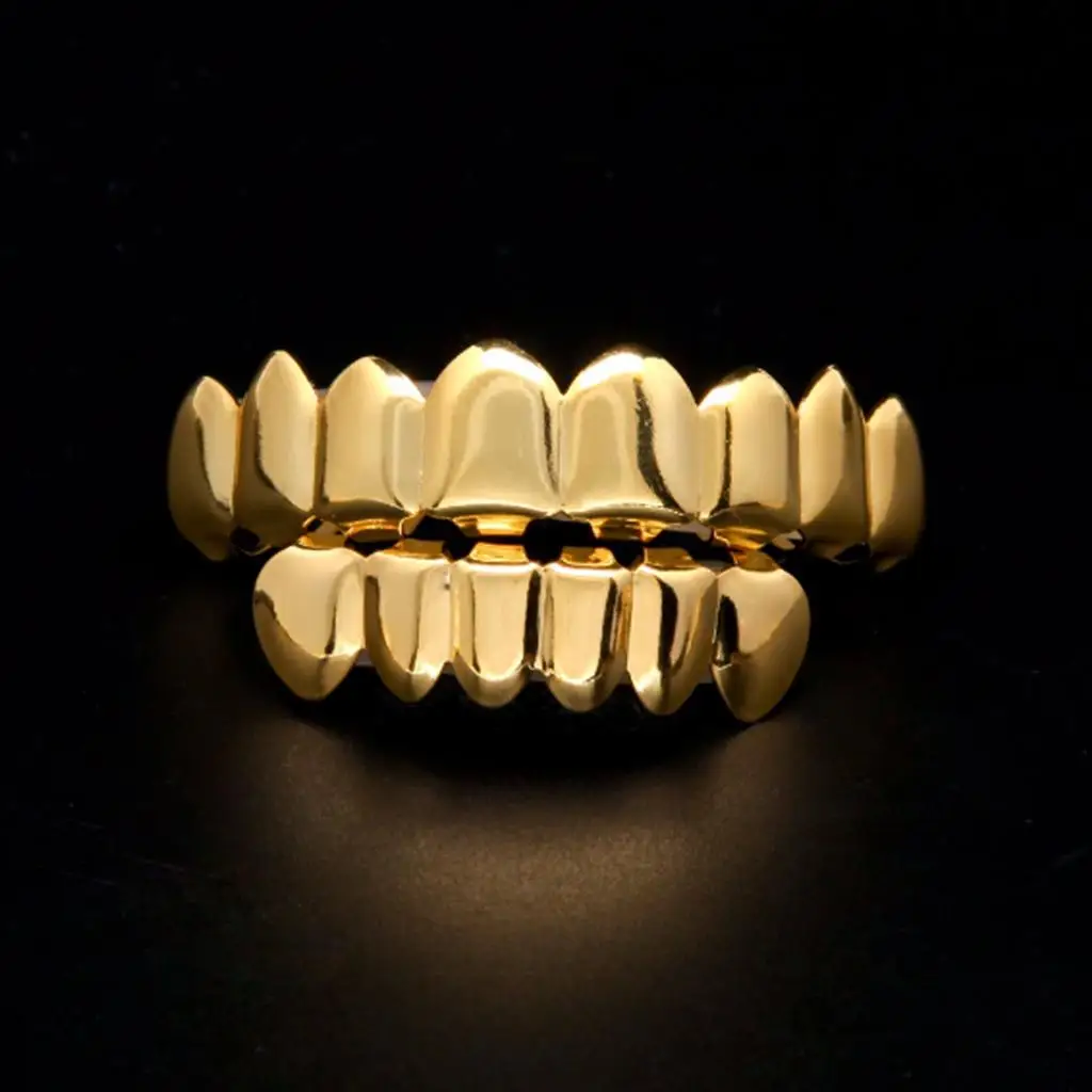 Gold Teeth Cap Set 18K Gold Plated Mouth Grills Silicone Upper Lower Hip Hop Style for Men Women