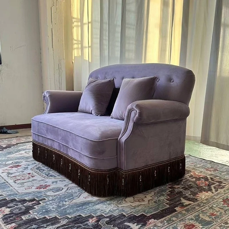 أريكة فرنسية مخملية كلاسيكية لثلاثة أشخاص، شقة صغيرة، غرفة معيشة أرجوانية، أريكة قماش بإبزيم أمريكي #5