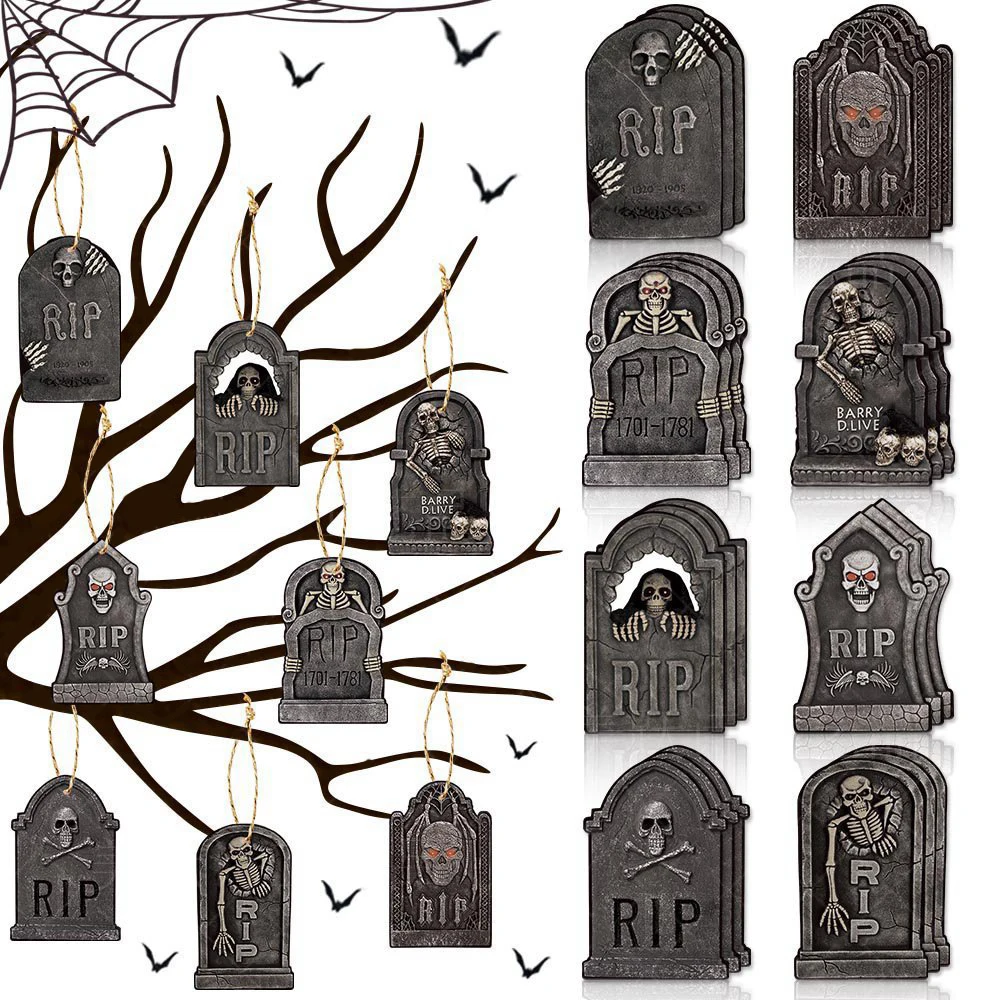 16Pcs Halloween Tombstone Corpse Hanging tags DIY Happy Halloween Party DIY Decor Pendant Spider Bat Ghost Cat Skull Home Decor