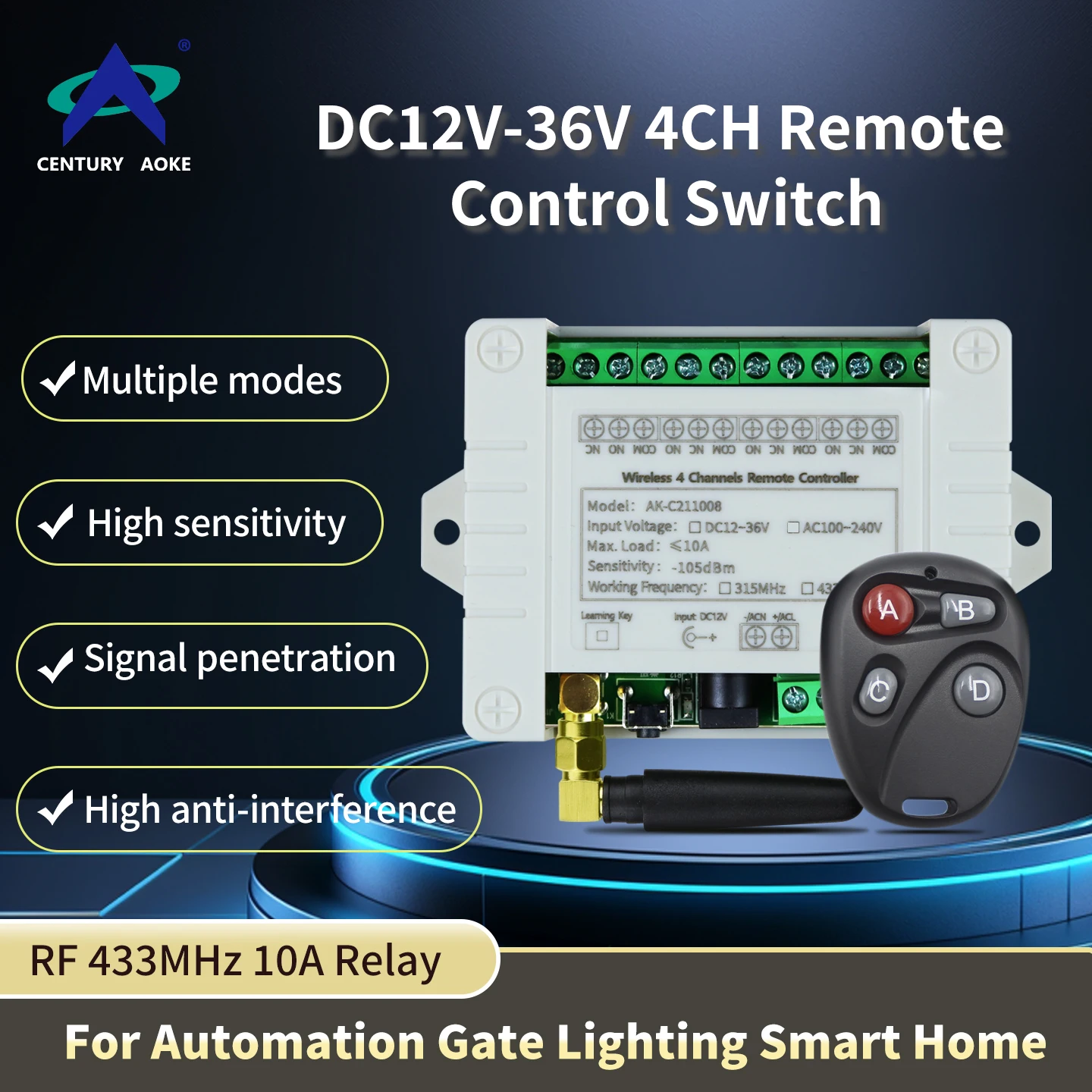 

DC12V-36V 433MHz 4Channel RF Universal Wireless Remote Control Switch 10A Relay For Automation Gate Garage Door Outdoor Lighting