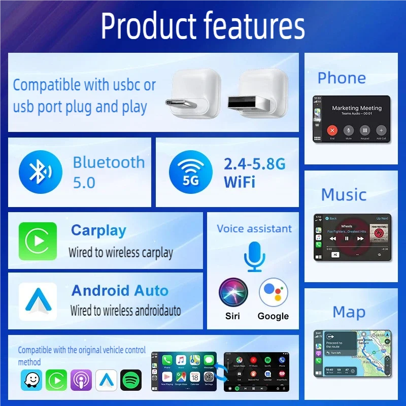 2025 2 in1 Wired to Wireless CarPlay Android Auto Adapter Plug&Play Stable BT WiFi Connect OTA Upgradable Fit 99% Vehicle