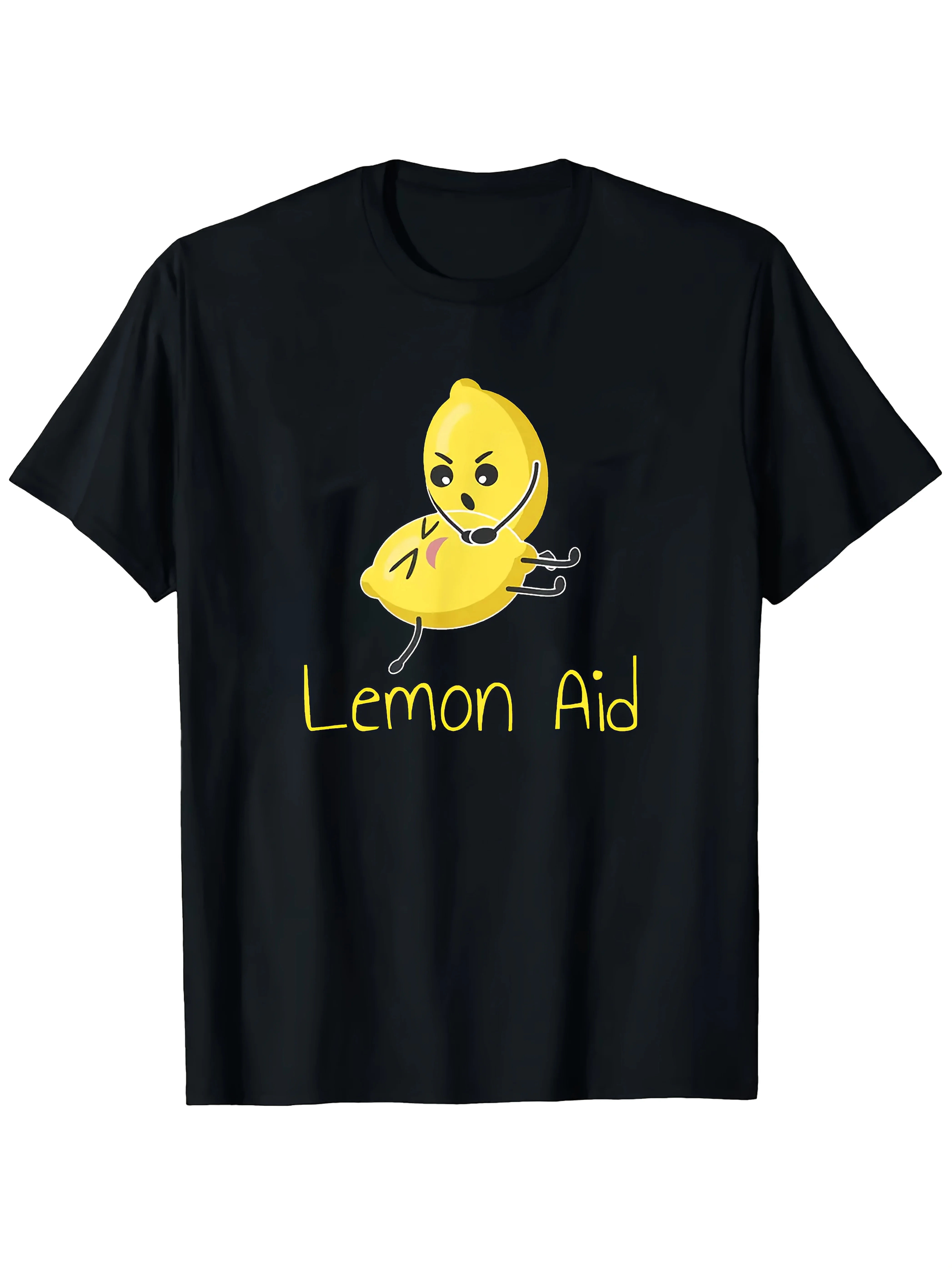 Men'S Lemon Aid Patterned T-Shirt - Soft, Round Neck, Short Sleeves, Black with Yellow Cartoon Print - Casual Summer Tee, Machin