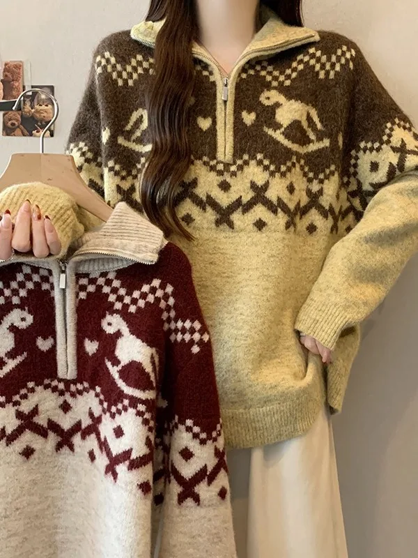 

plus Size Lazy Sle Fair Isle Loose Ne Sweater Women's Autumn Winter New Knitted Top Korean Sle Loose Fit Knitwear