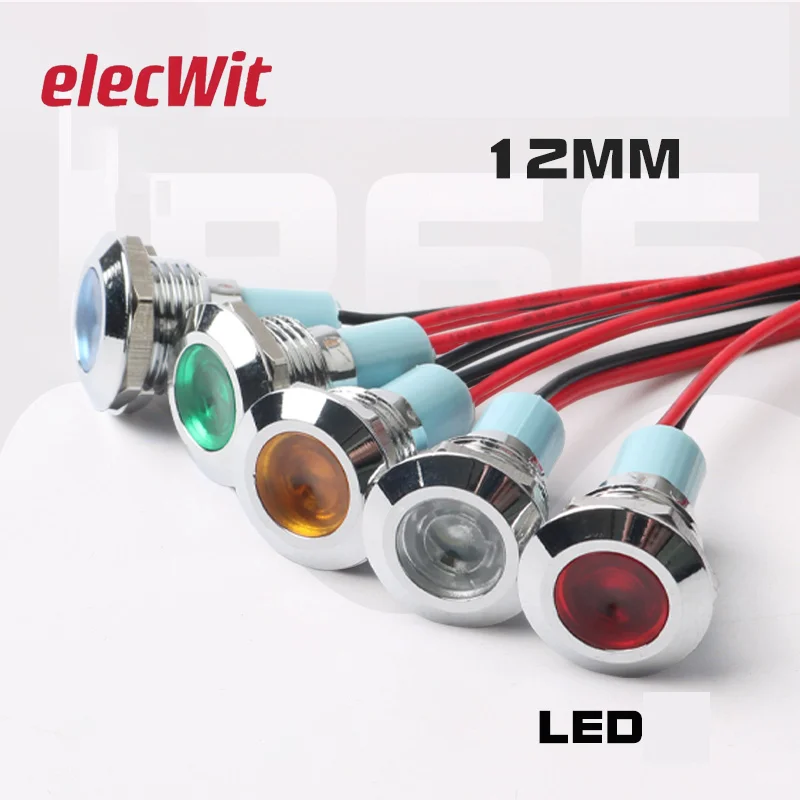 5pcs 12mm Metal Indicator Light With Cord Power Supply Small Signal Lamp DC AC Waterproof Monochrome LED red 6V12V24V