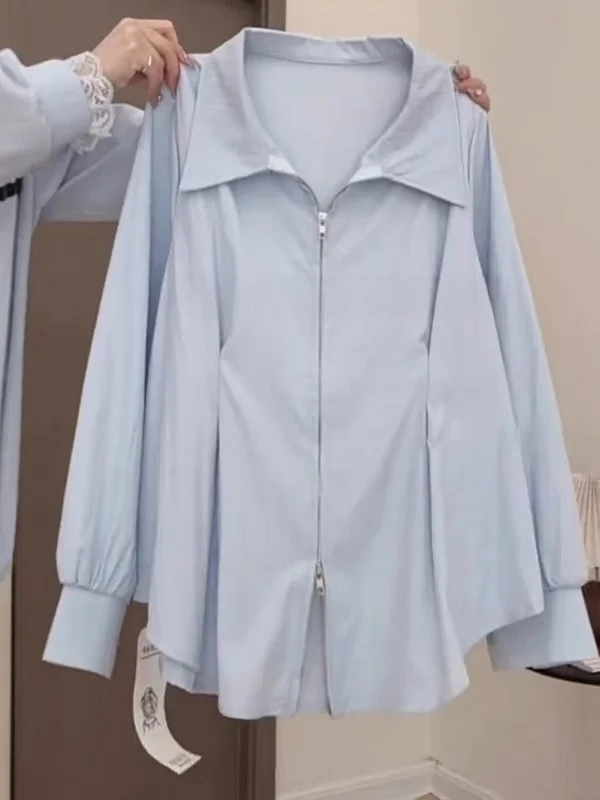 

Женская блузка Ele Long Sleeve больших размеров, скрывающая живот, модная, в японском стиле, свободного кроя, с двойной молнией, из спандекса