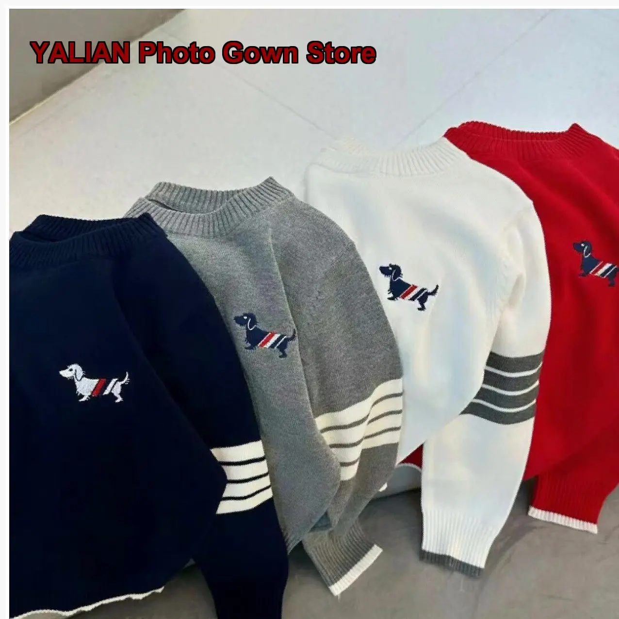Boys Girls Striped Sweater Kids Autumn Winter Dachshund Print Long Sleeves Warm Base Layer Top